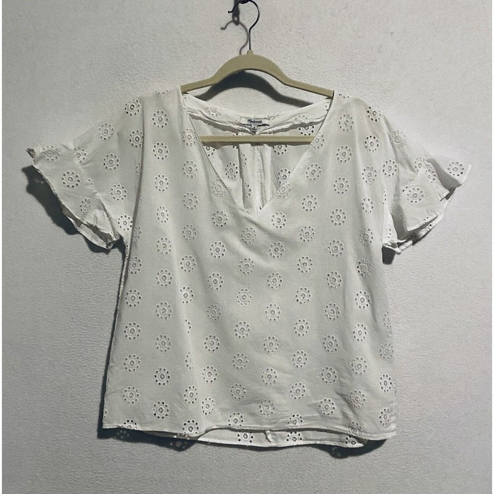 Madewell Top Womens Medium Eyelet Sundrift Ruffle Sleeve White Cotton Boho - Picture 2 of 10